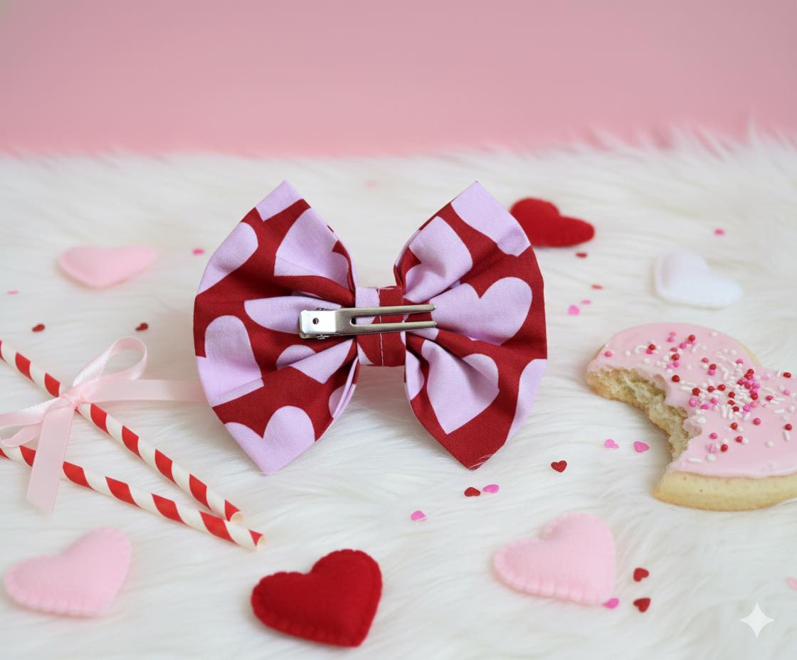 Handmade Valentine's Day Fabric Hair Bows - 4.5" Heart Pattern Bows