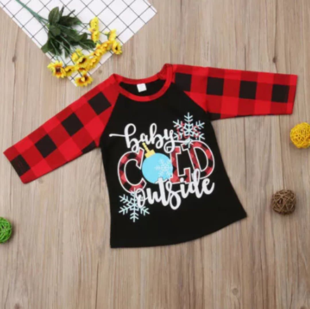Girl's Baby Its Cold Outside Buffalo Plaid Raglan Tee Shirt