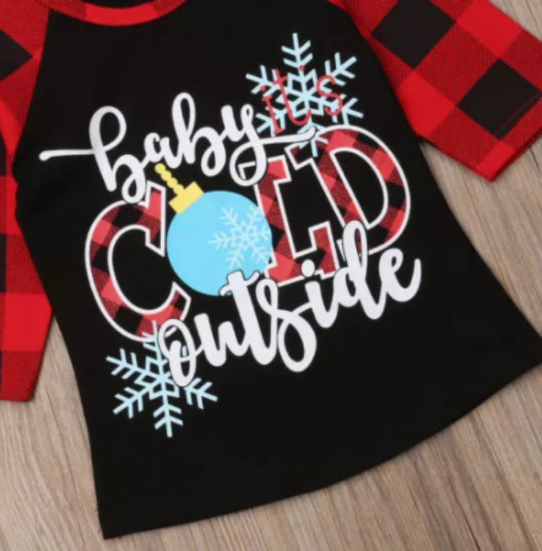 Girl's Baby Its Cold Outside Buffalo Plaid Raglan Tee Shirt