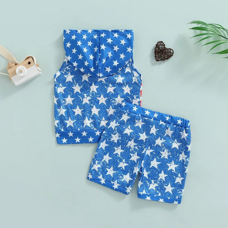 Boy's Distressed Patriotic Stars and Stripes Hooded Outfit