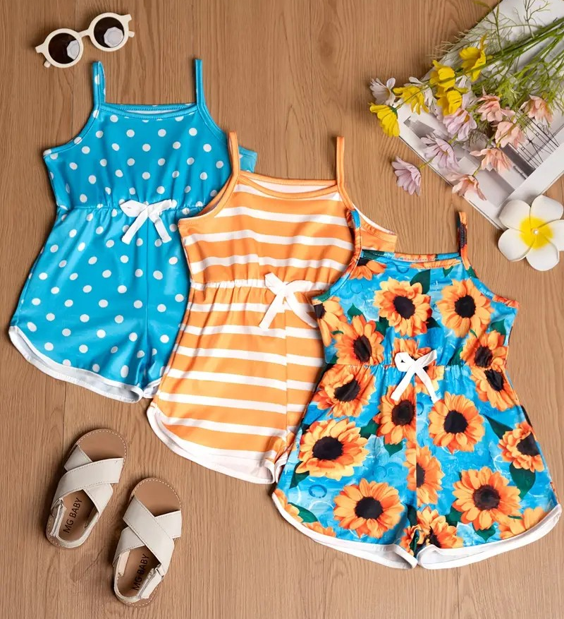 Girl's Summer Sleeveless Romper- Blue Dots/Orange Stripes/Blue Sunflowers