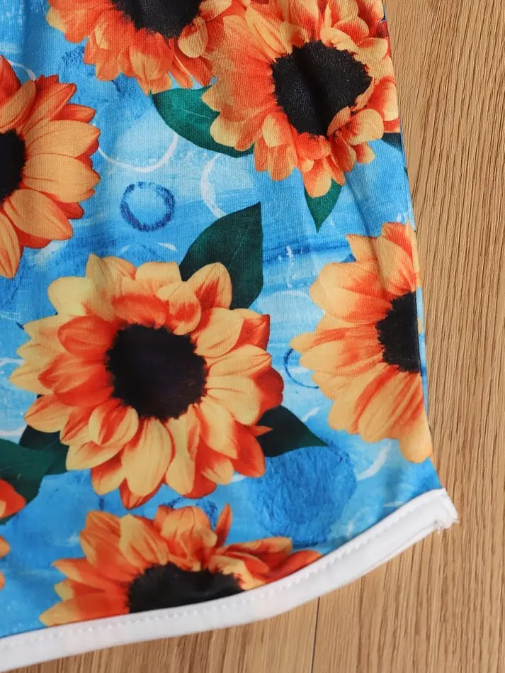 Girl's Summer Sleeveless Romper- Blue Dots/Orange Stripes/Blue Sunflowers