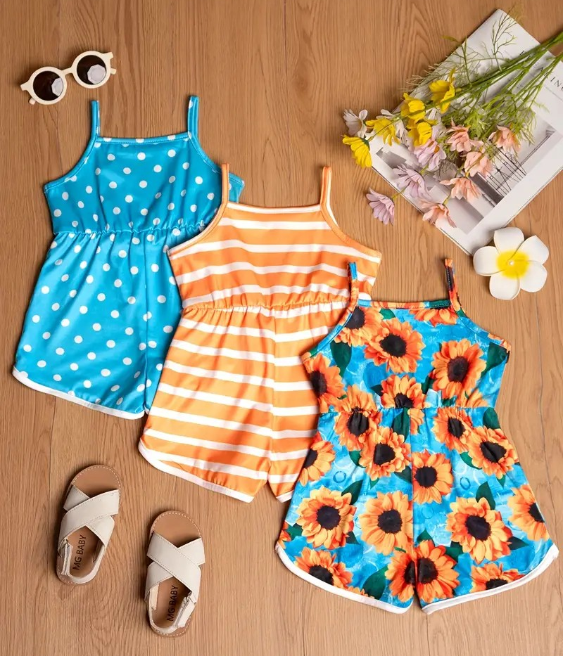Girl's Summer Sleeveless Romper- Blue Dots/Orange Stripes/Blue Sunflowers
