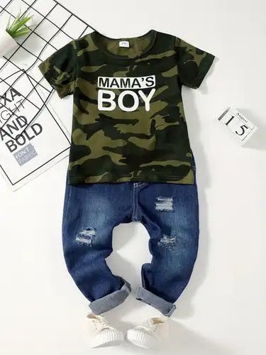 Baby boy camo outfit with Mama’s Boy tee and distressed jeans – Mud + Honey Boutique”