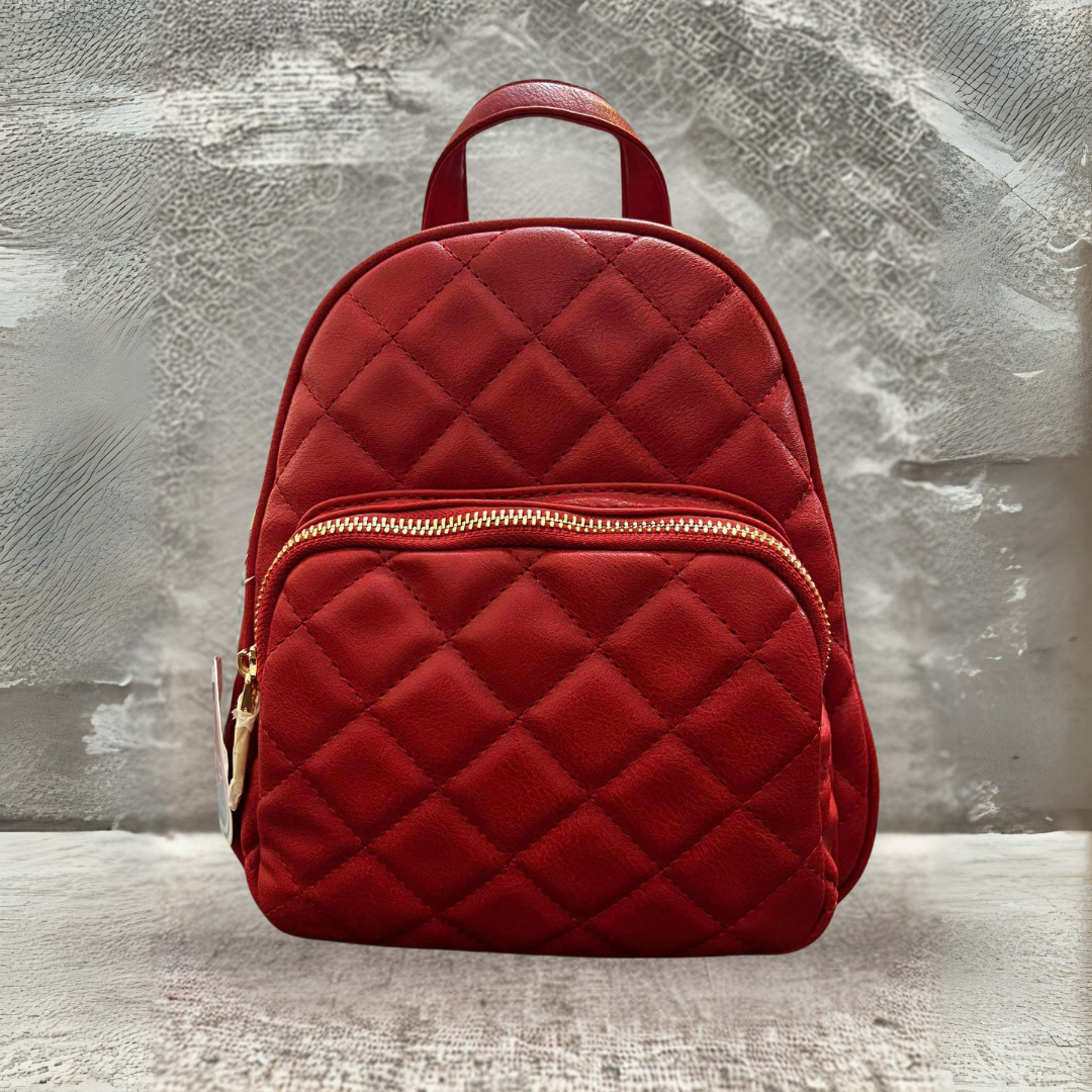 Red Quilted Leatherette Mini Backpack Purse