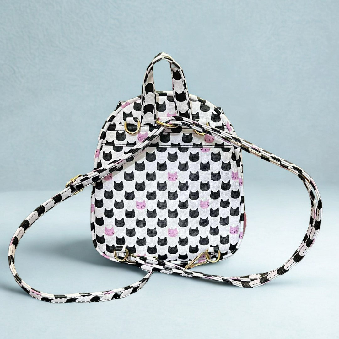 Pink and Black Cat Print Convertible Mini Backpack