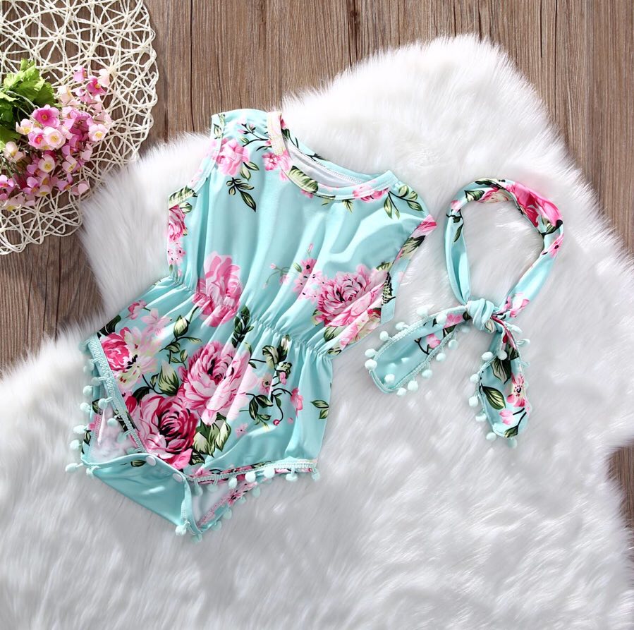 Girl's Floral Pom Pom Romper with Headband