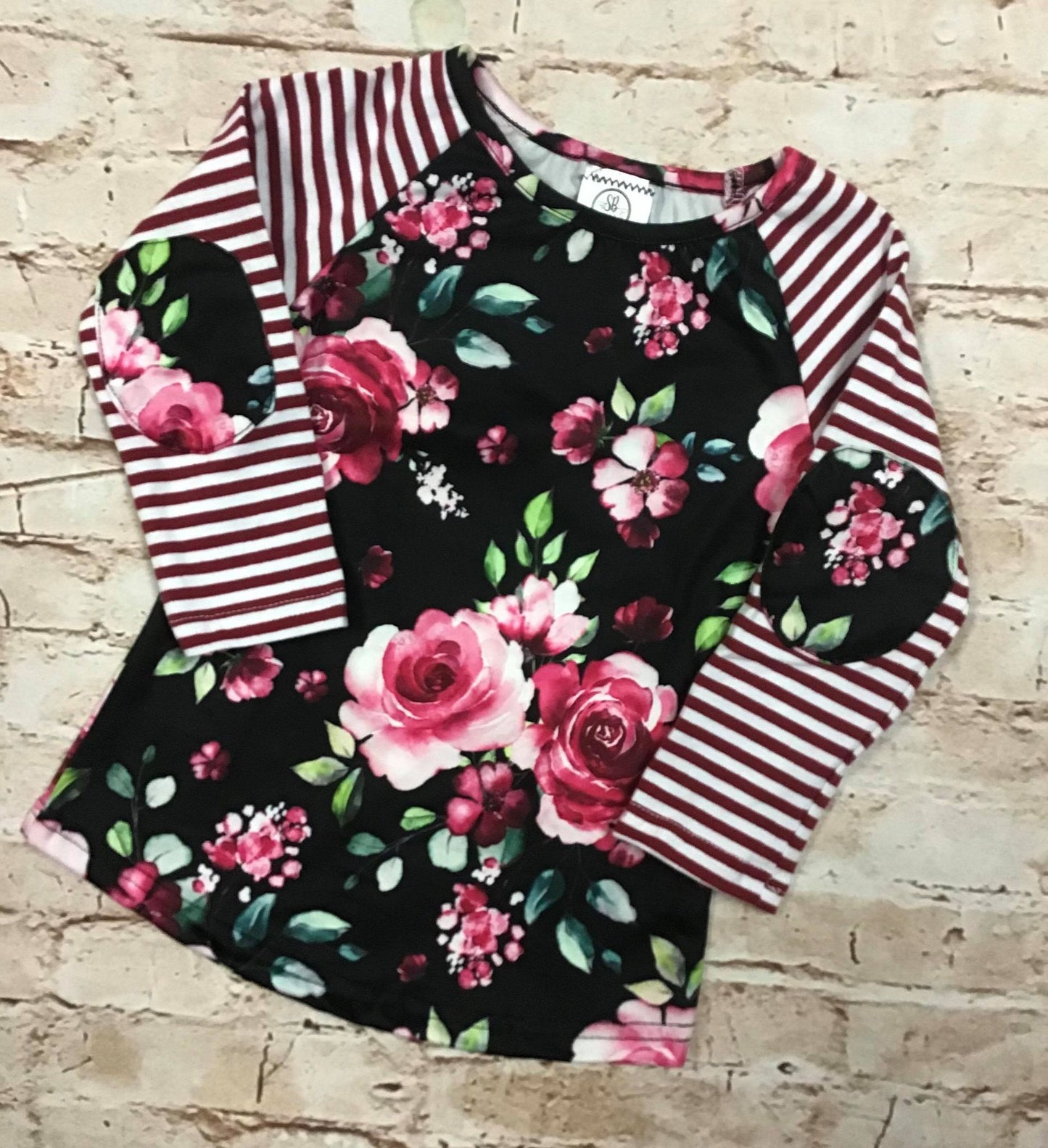 Girl's Maroon Floral Striped Raglan Shirt