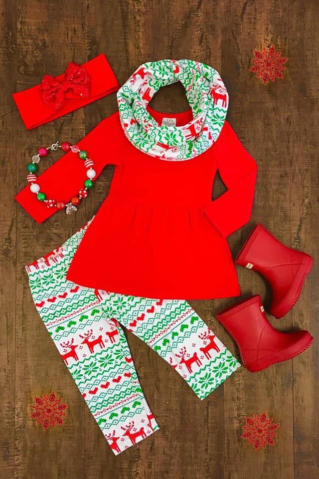 Girl's Christmas Reindeer 3 Piece Scarf Boutique Outfit