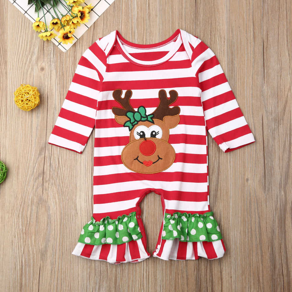 Infant Girl's Striped Reindeer Christmas Romper