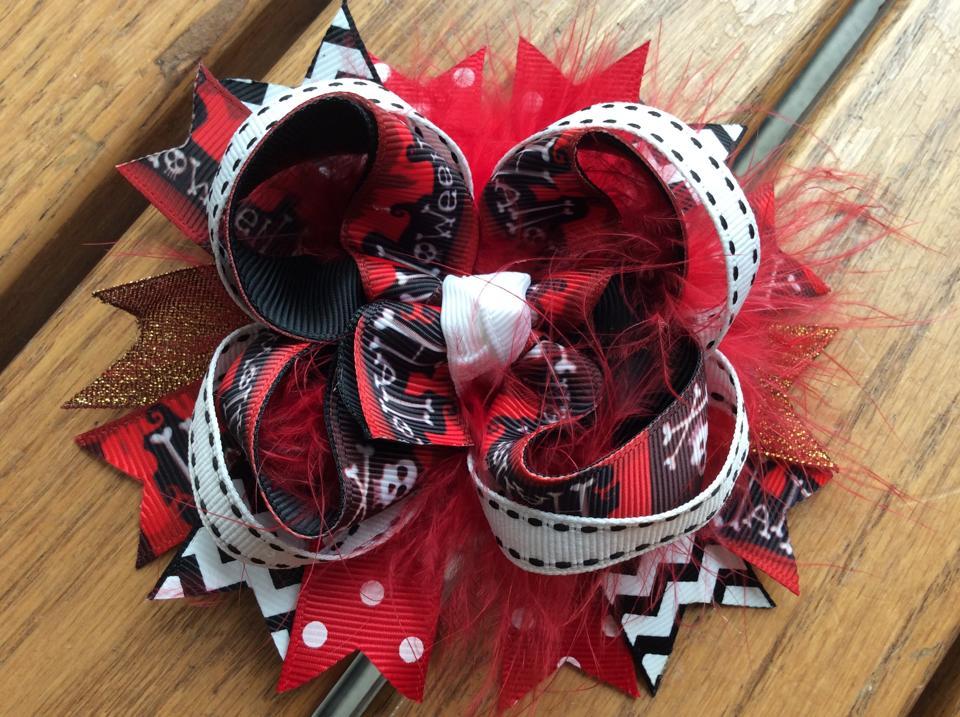 Red Black Skull Crossbones Halloween Hair Bow