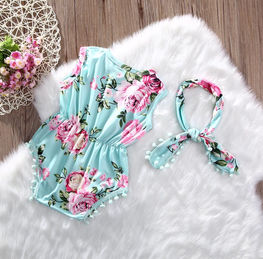 Girl's Floral Pom Pom Romper with Headband