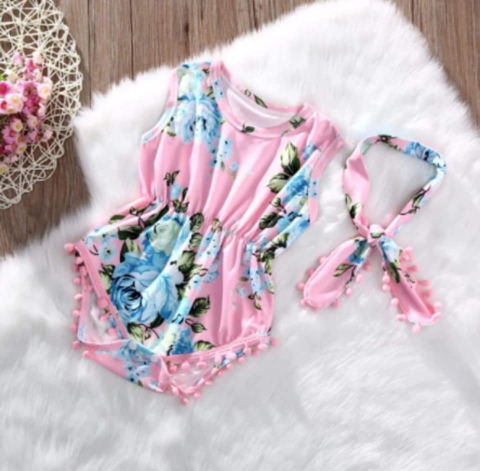 Girl's Floral Pom Pom Romper with Headband