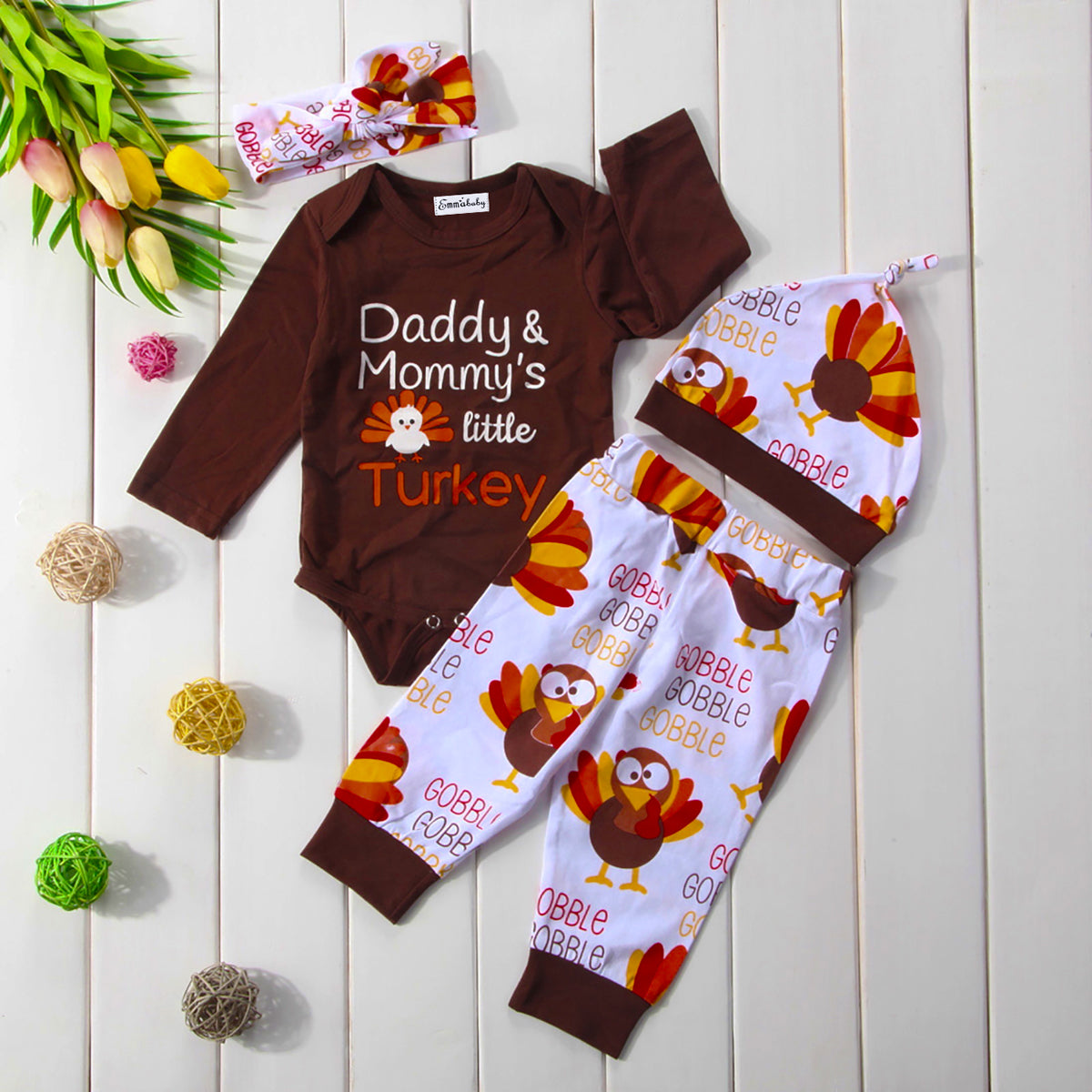 Infant Unisex Daddy & Mommy's Little Turkey Thanksgiving 4 Pc Outfit