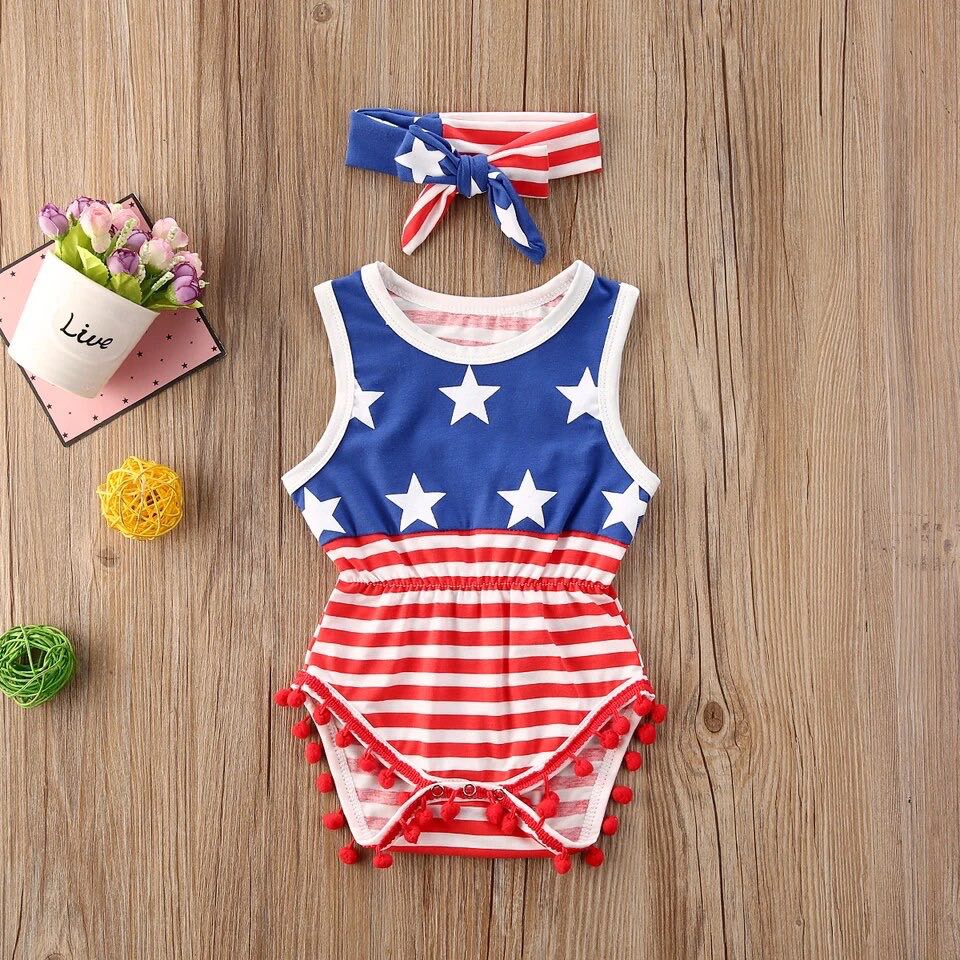 Girl's American Flag Pom Pom Romper