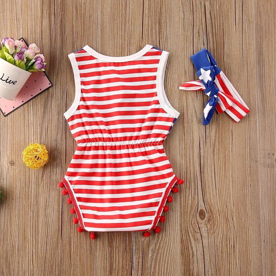 Girl's American Flag Pom Pom Romper