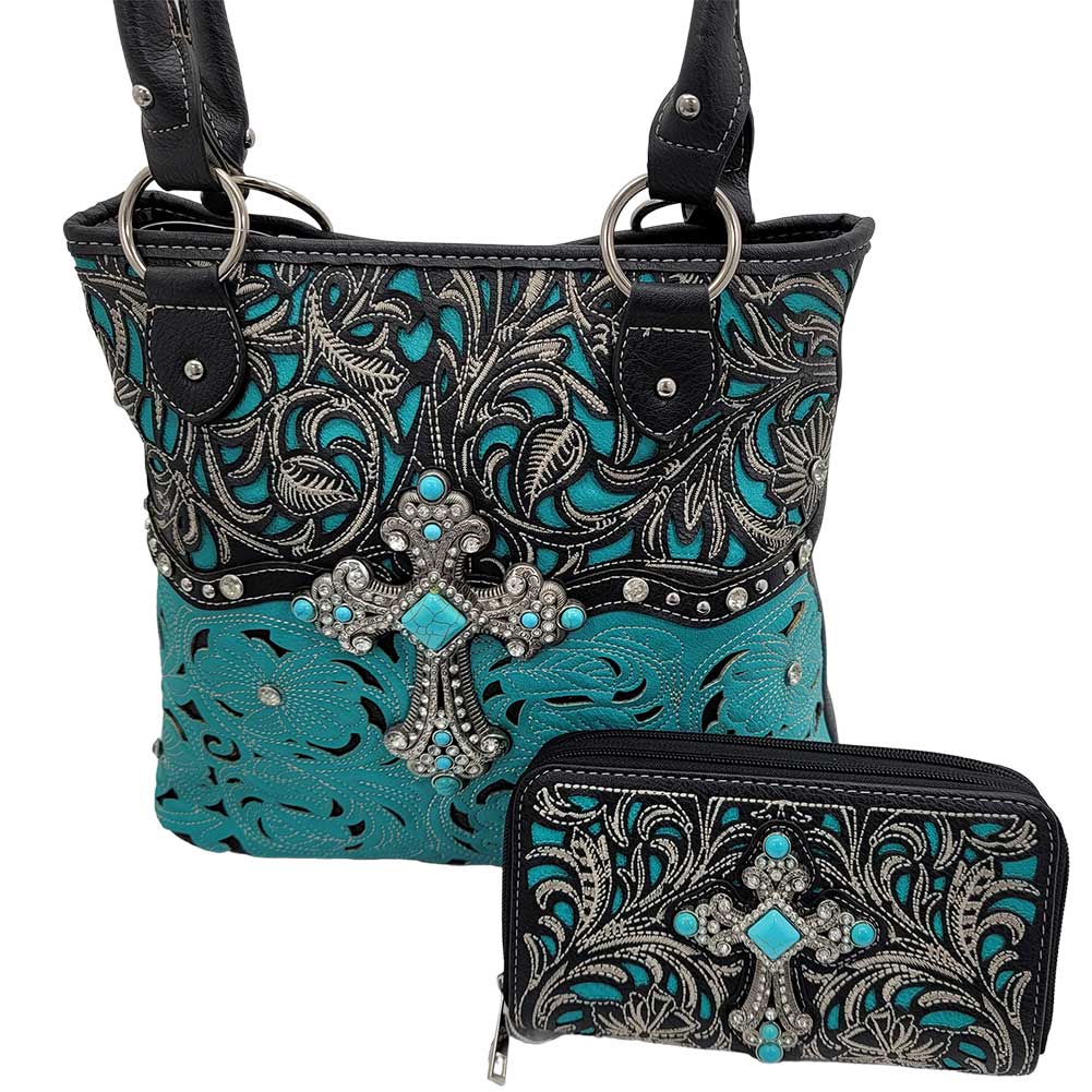 Western Style Concealed Carry Turquoise Stone Cross Shoulder Bag Purse and Wallet Set