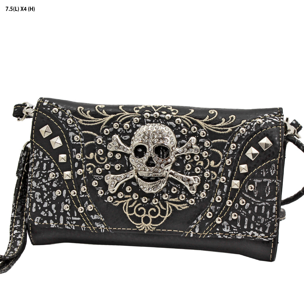 Skull Studded Wristlet Crossbody Wallet