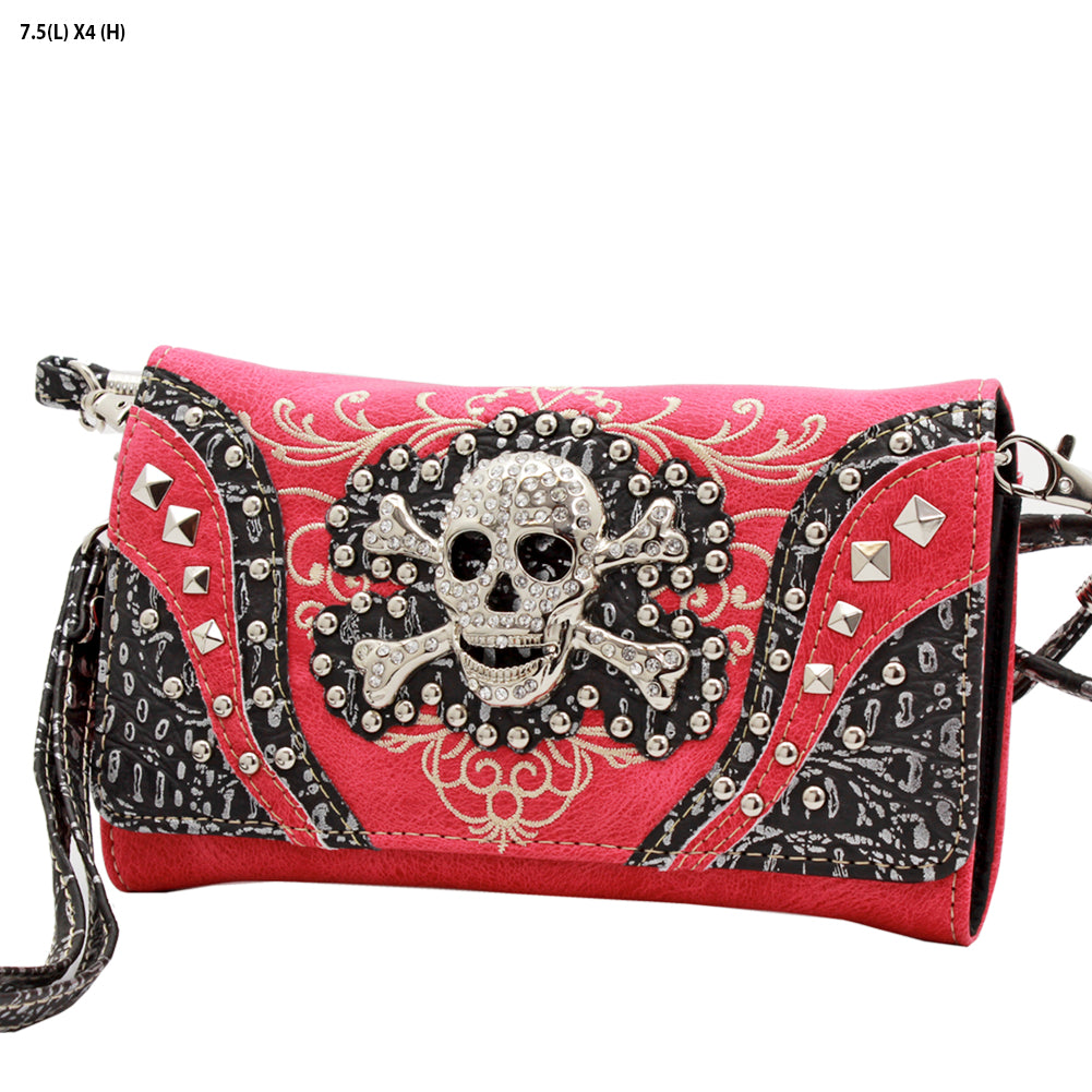 Skull Studded Wristlet Crossbody Wallet