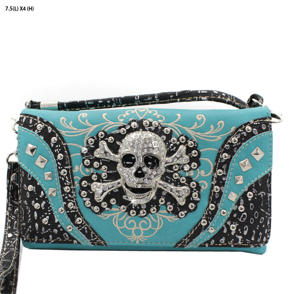 Skull Studded Wristlet Crossbody Wallet