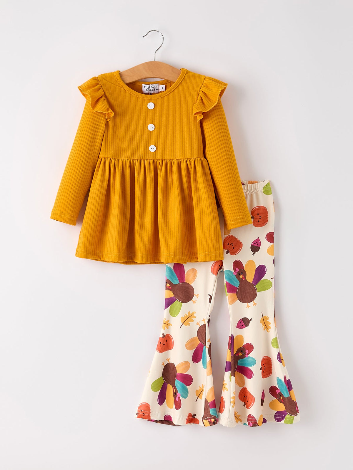 Girl's Fall & Thanksgiving Pumpkin Turkey Print Long Sleeve Set Outfit