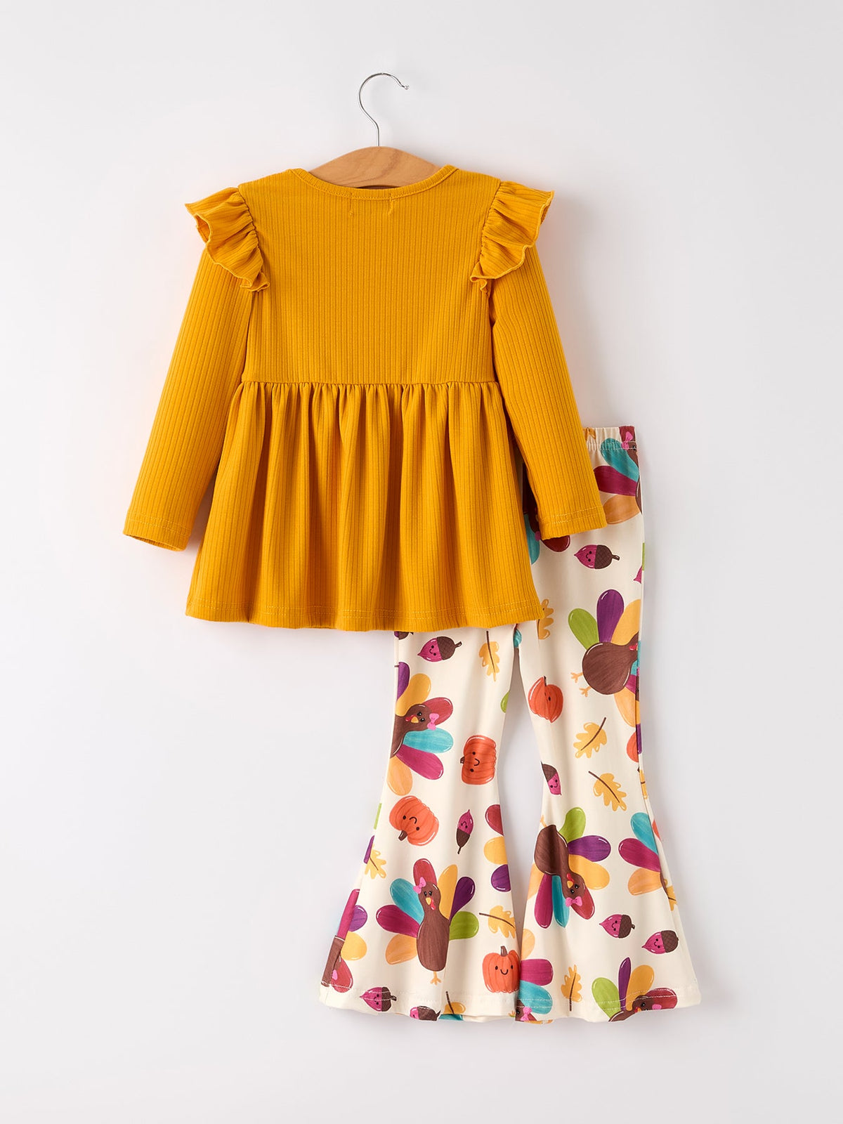 Girl's Fall & Thanksgiving Pumpkin Turkey Print Long Sleeve Set Outfit