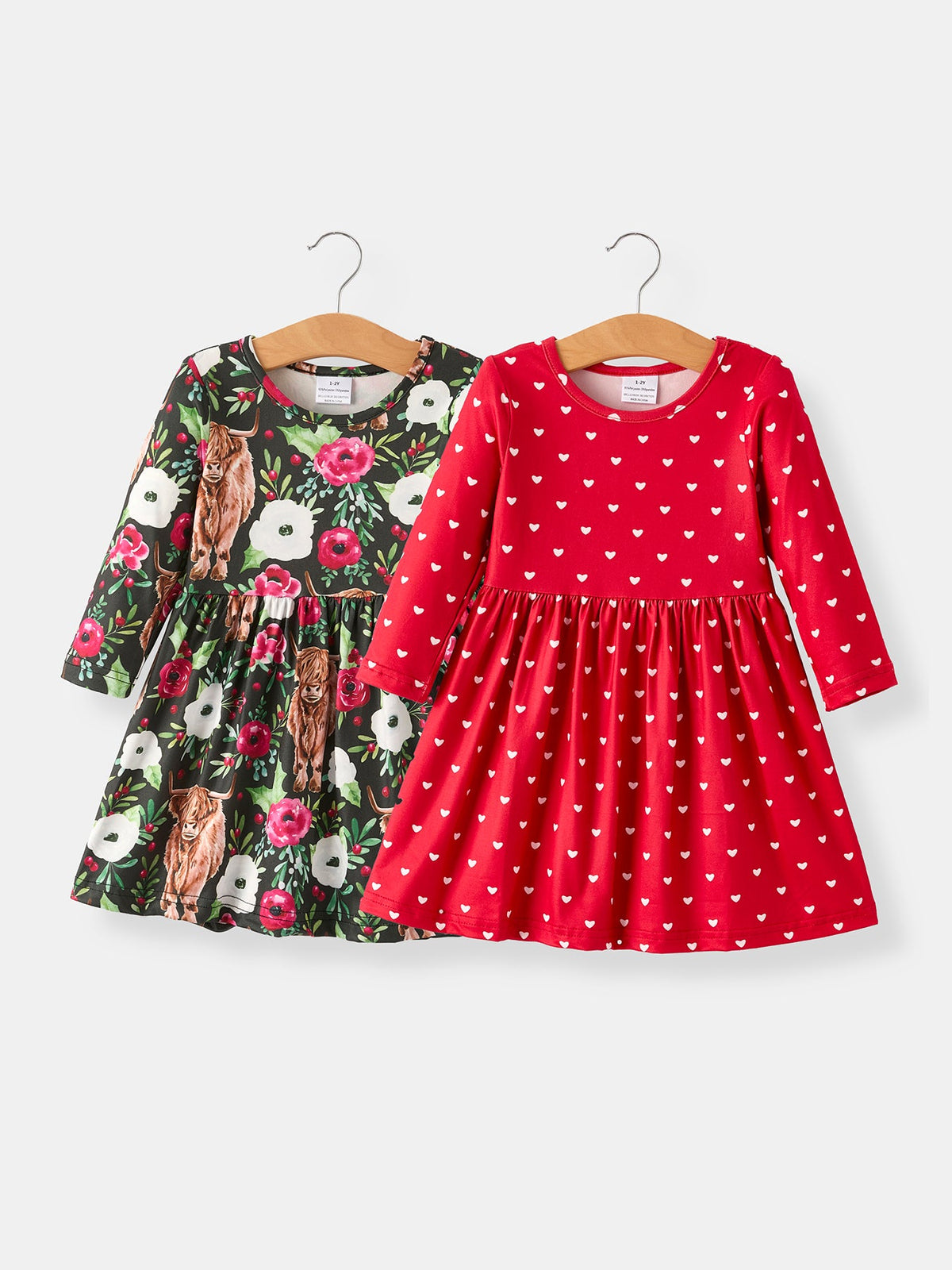 Girl's Highland Cow and Heart Print Girls Dress Set (2 Pieces)