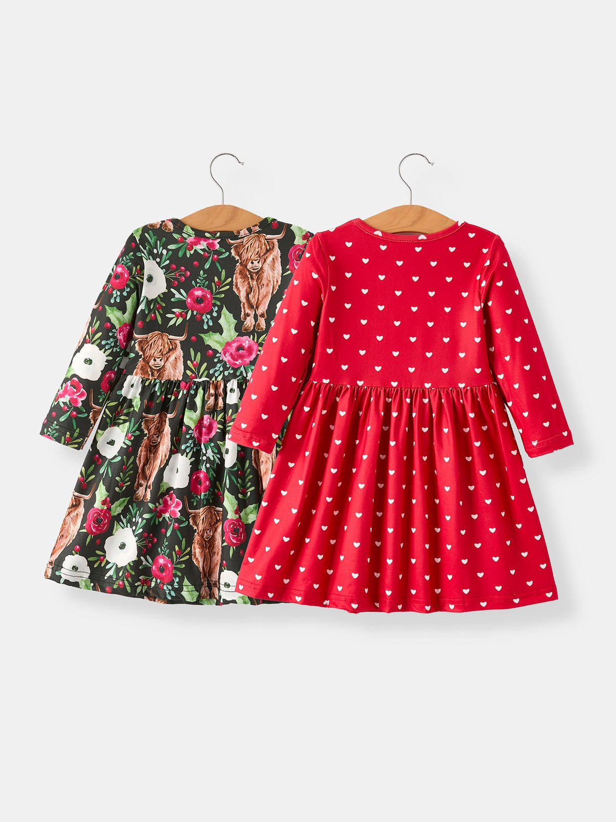 Girl's Highland Cow and Heart Print Girls Dress Set (2 Pieces)