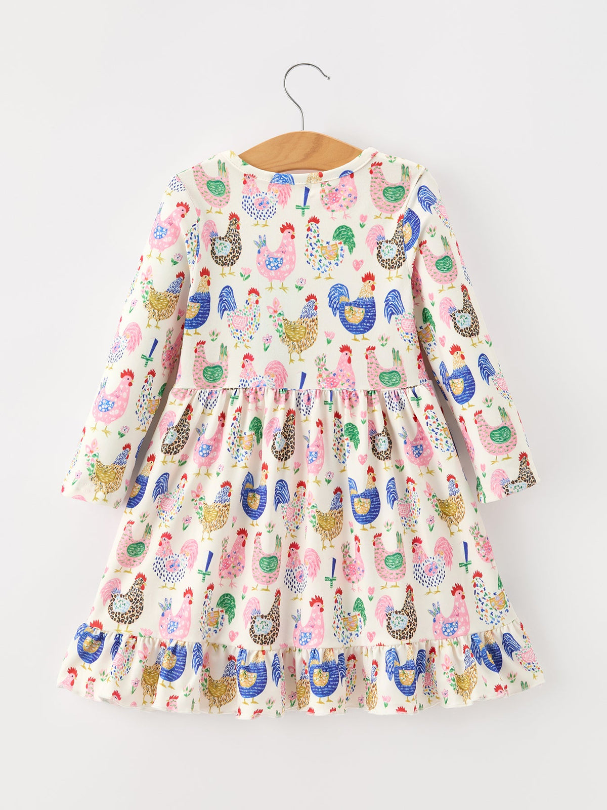 Girls Fall Farm Chicken Print Ruffle Hem Twirl Dress