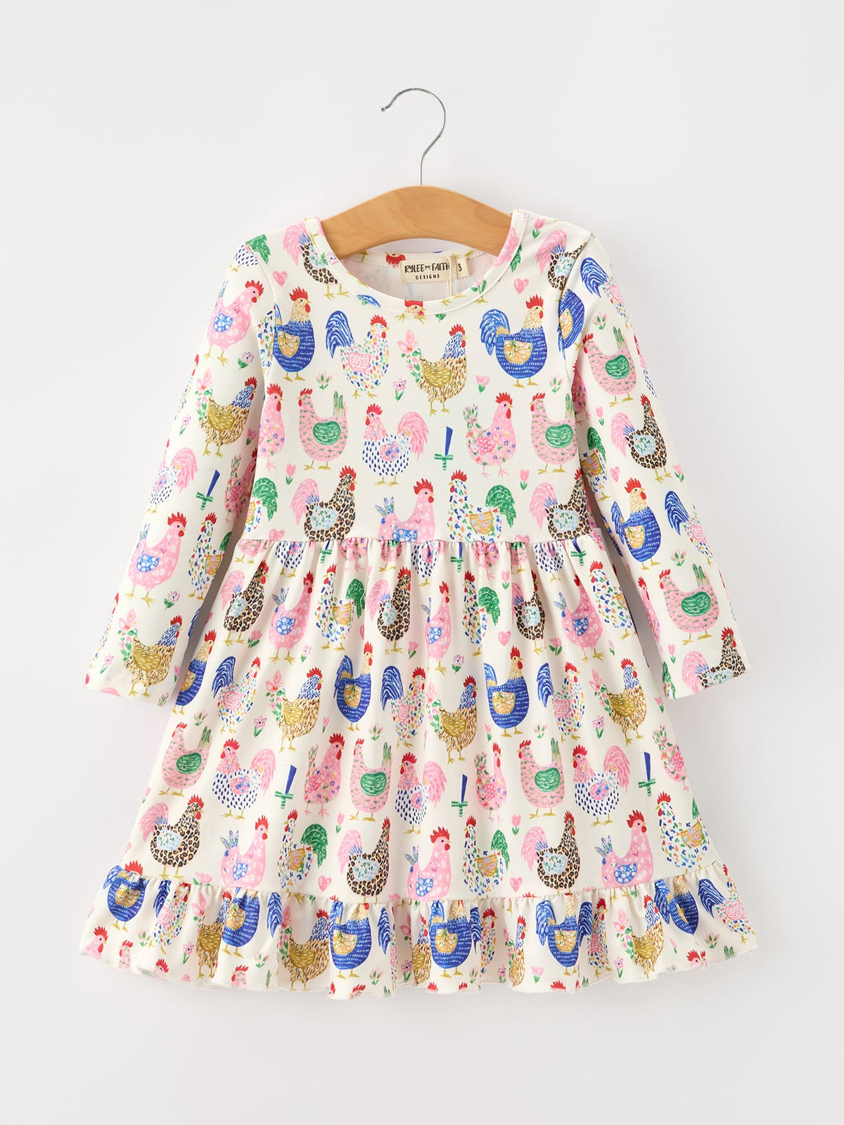 Girls Fall Farm Chicken Print Ruffle Hem Twirl Dress