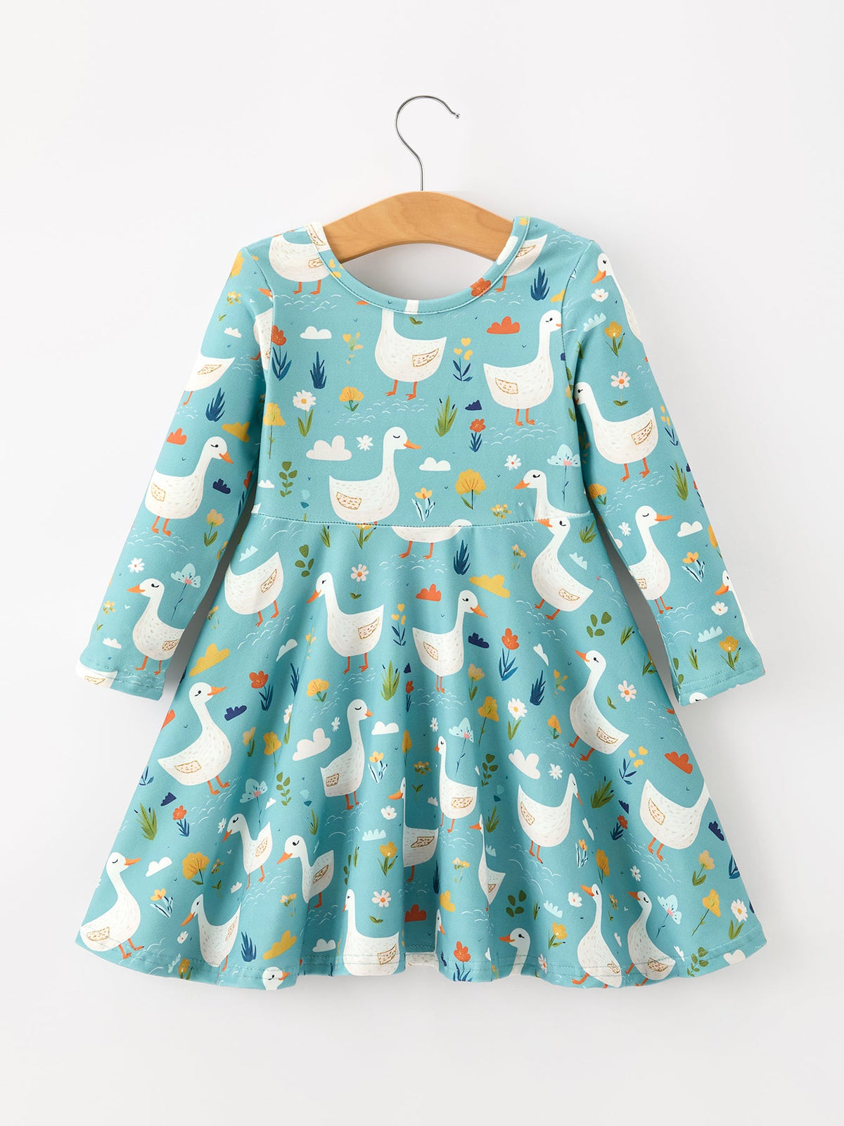 Girl's Fall Goose Print Girls Long Sleeve Twirl Dress