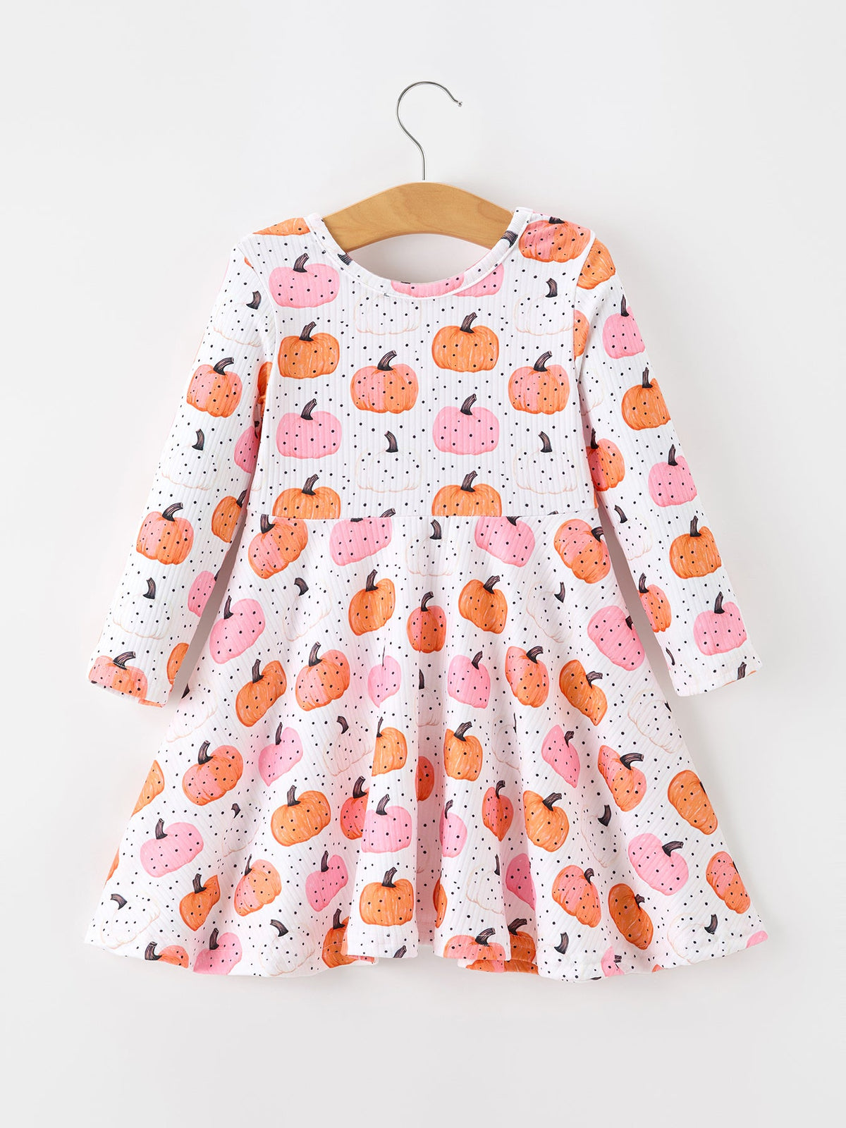 Girls Fall Pumpkin Print Long Sleeve Twirl Dress