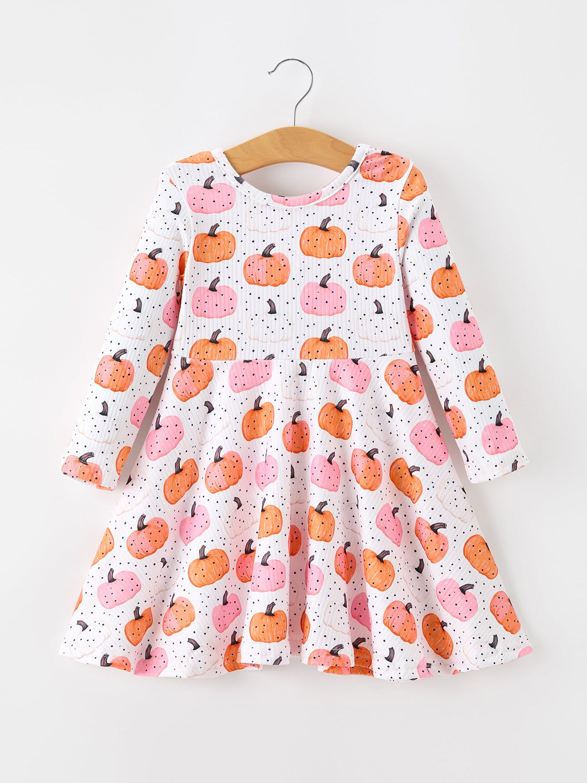 Girls Fall Pumpkin Print Long Sleeve Twirl Dress