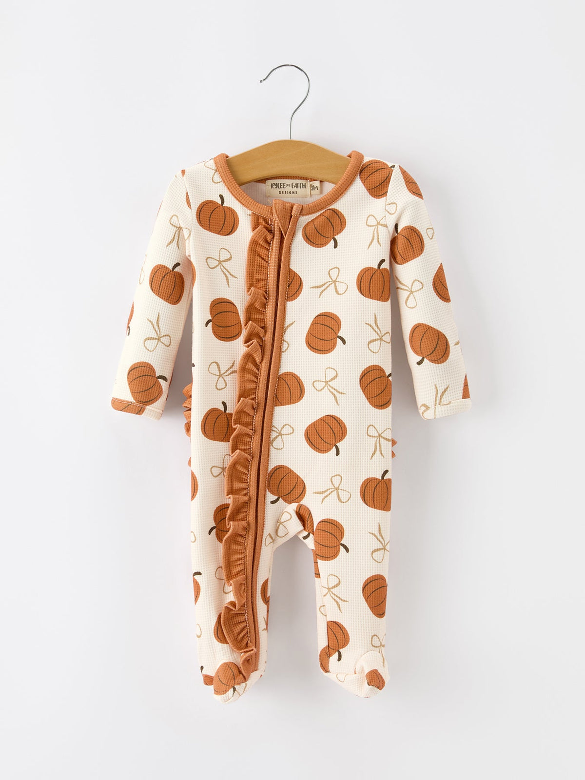 Girl's Fall Thanksgiving Pumpkin Ruffle Zip Sleeper Waffle Jumpsuit