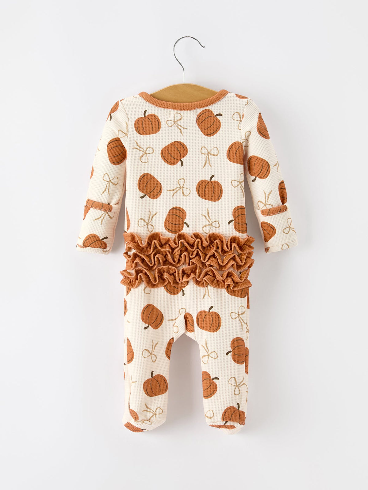 Girl's Fall Thanksgiving Pumpkin Ruffle Zip Sleeper Waffle Jumpsuit
