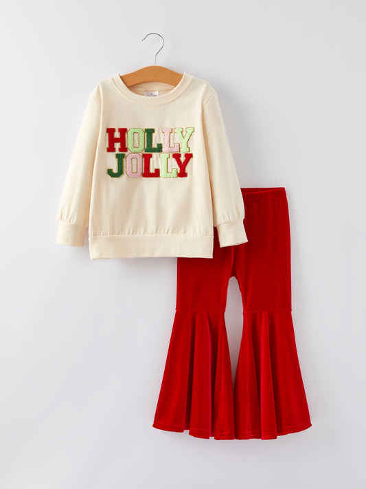 Girl's Christmas Holly Jolly Top and Flared Pants Outfit Set