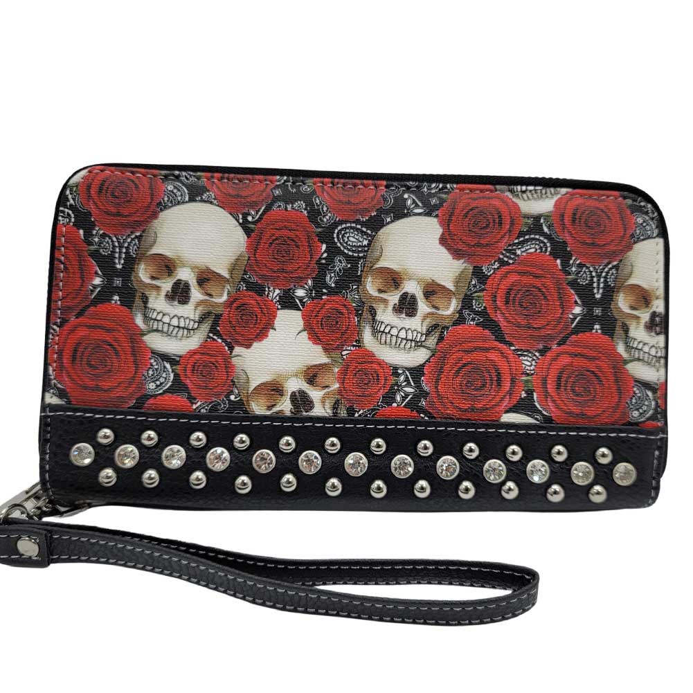 Skull and Roses Shoulder Bag Purse and Wallet Set