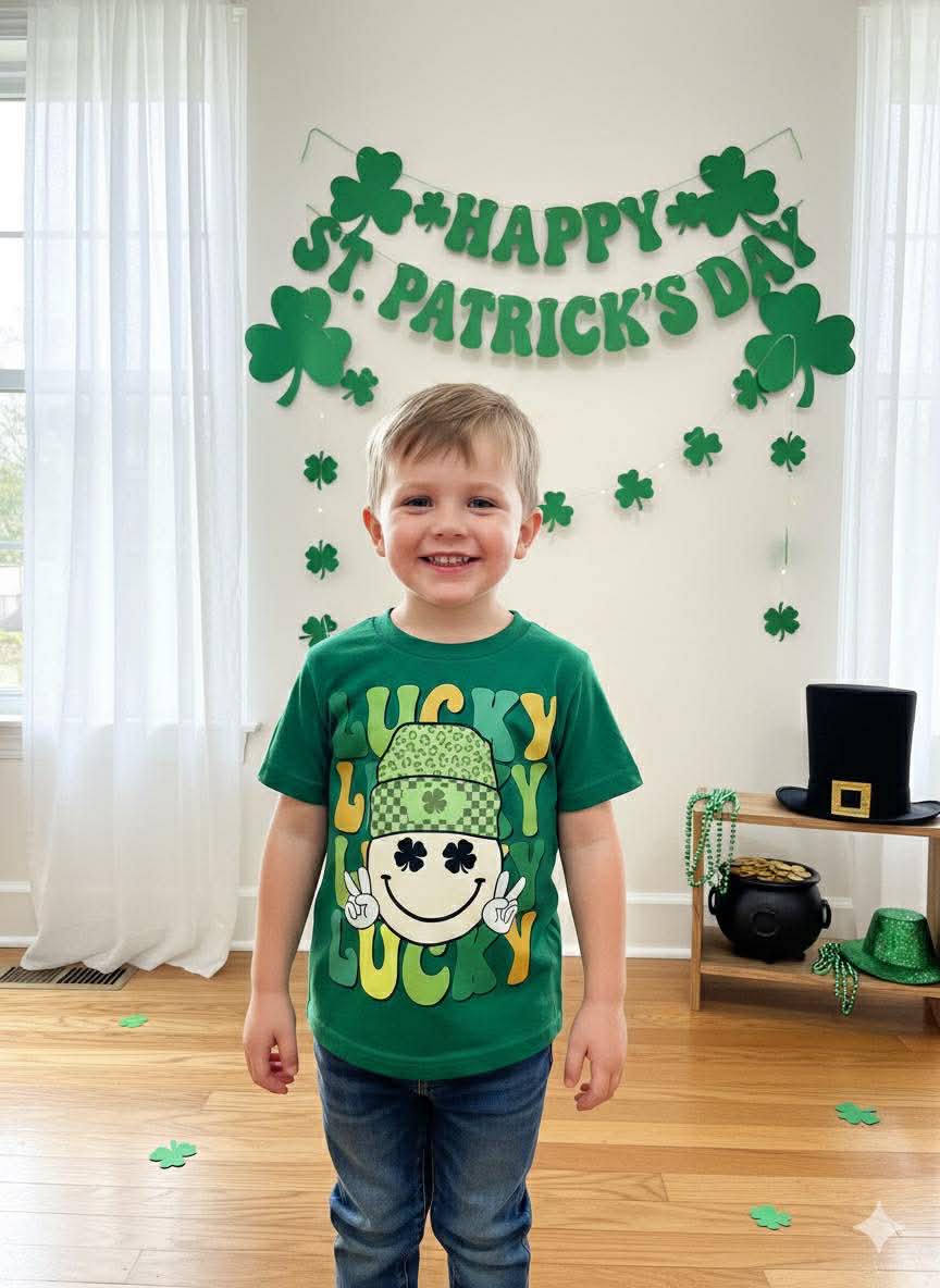 Boys’ Handmade “Lucky” St. Patrick’s Day Shirt – Smiley Shamrock Graphic Tee