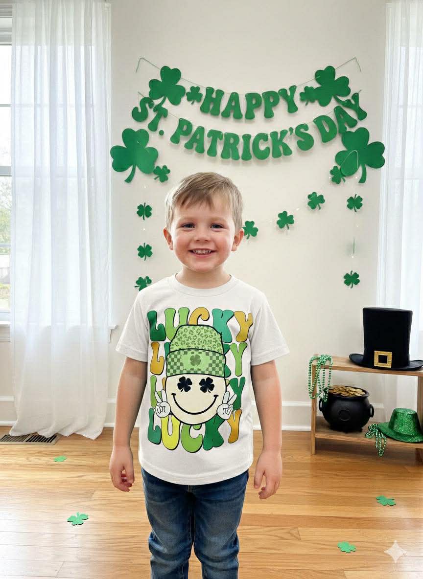 Boys’ Handmade “Lucky” St. Patrick’s Day Shirt – Smiley Shamrock Graphic Tee