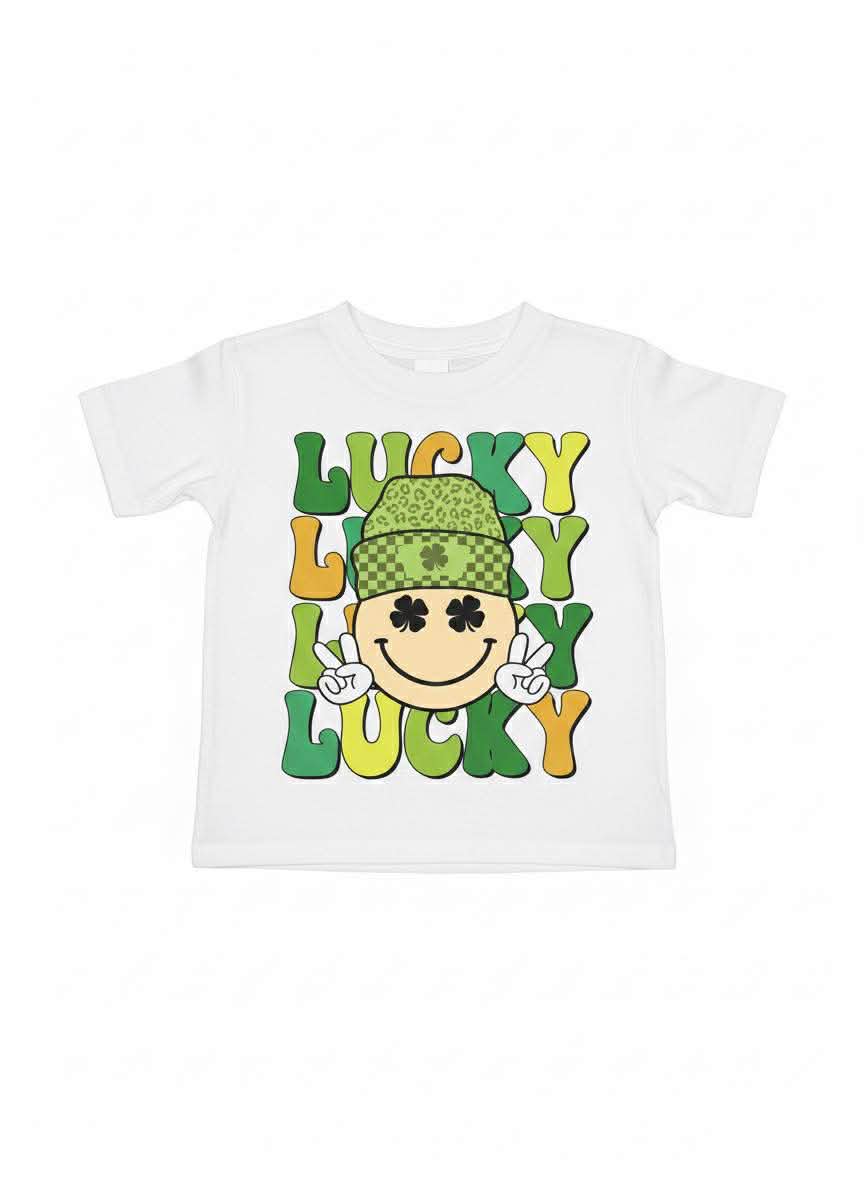 Boys’ Handmade “Lucky” St. Patrick’s Day Shirt – Smiley Shamrock Graphic Tee