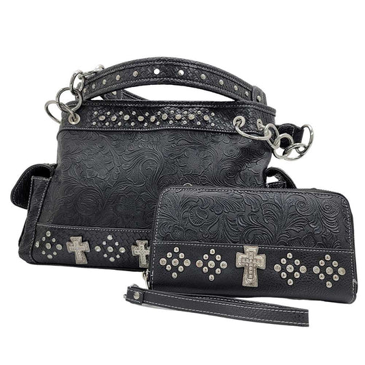 Black Rhinestone Studded Cross Concealed Carry Shoulder Bag Purse and Wallet Set