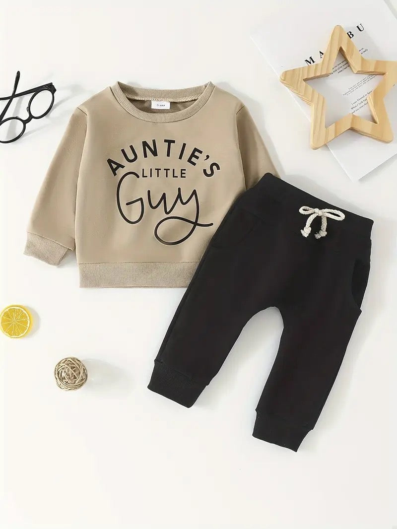 Baby boy outfit with Auntie’s Little Guy sweatshirt and black joggers – Mud + Honey Boutique