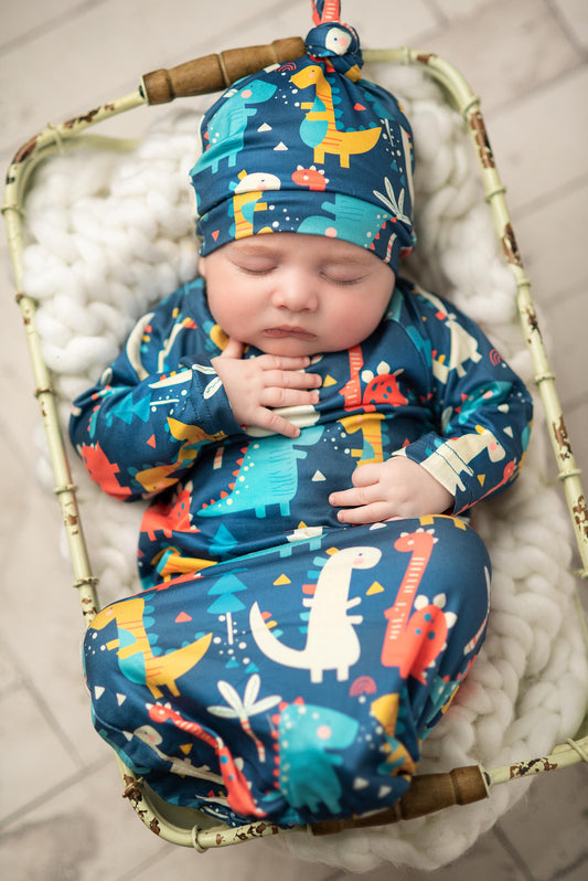 Baby Boy 0-3 Months Dino Baby Gown and Hat | Mud + Honey Family Boutique, Omaha NE