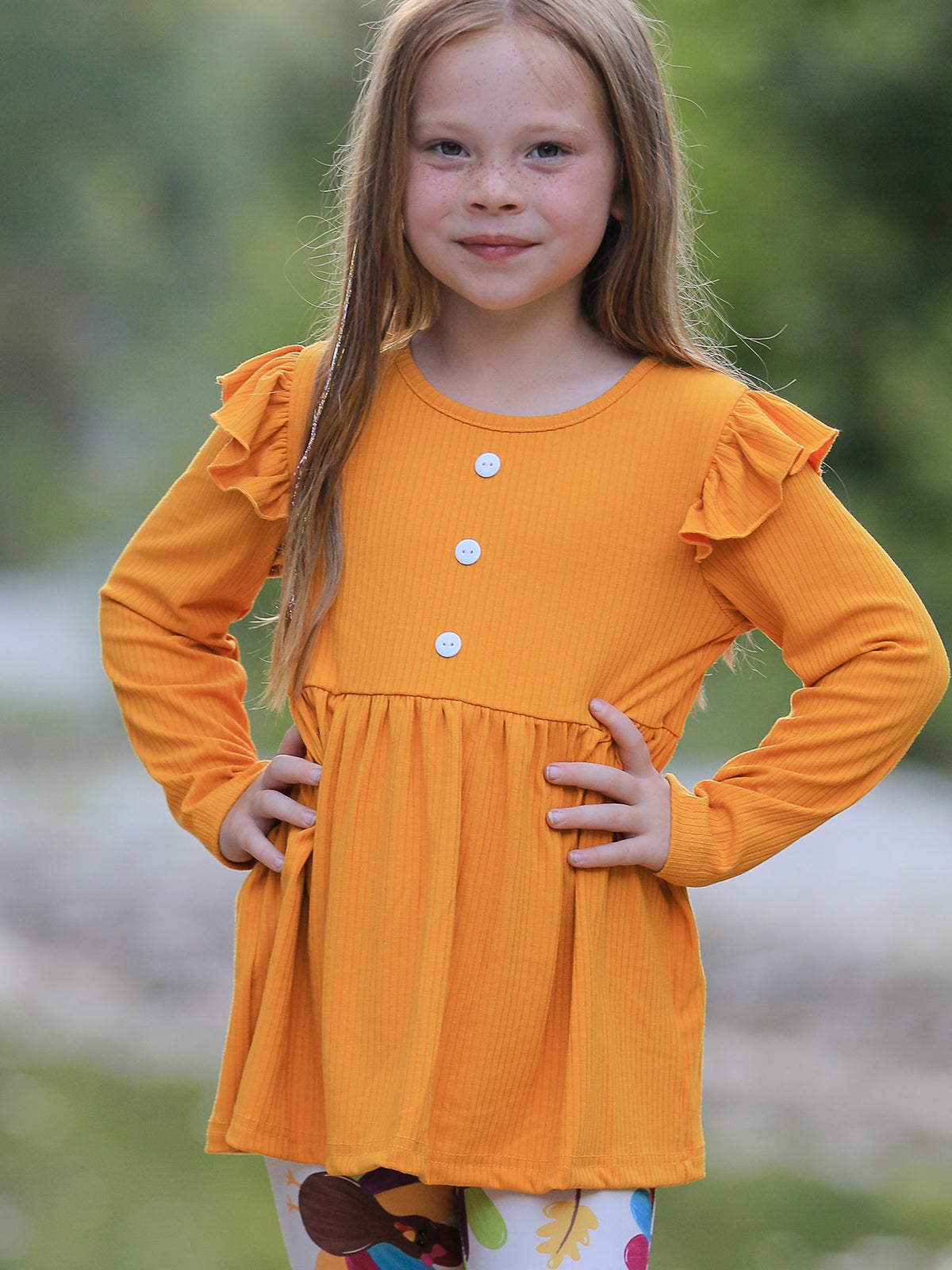 Girl's Fall & Thanksgiving Pumpkin Turkey Print Long Sleeve Set Outfit