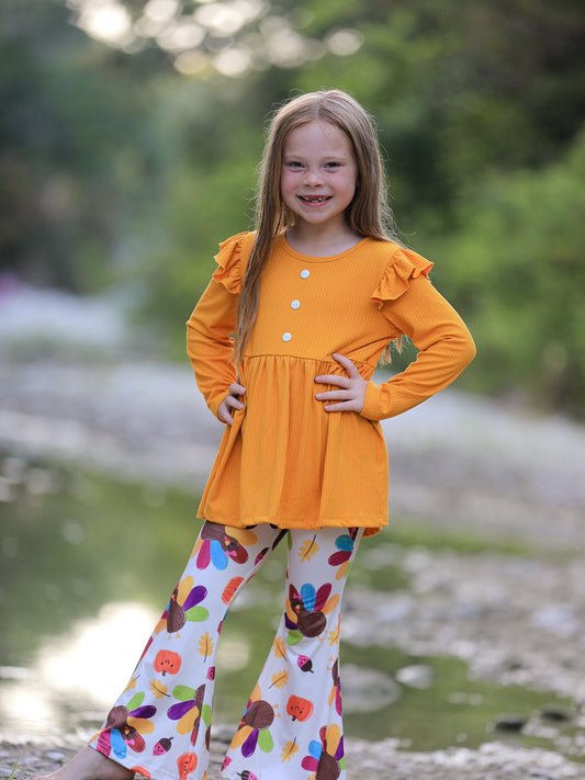 Girl's Fall & Thanksgiving Pumpkin Turkey Print Long Sleeve Set Outfit