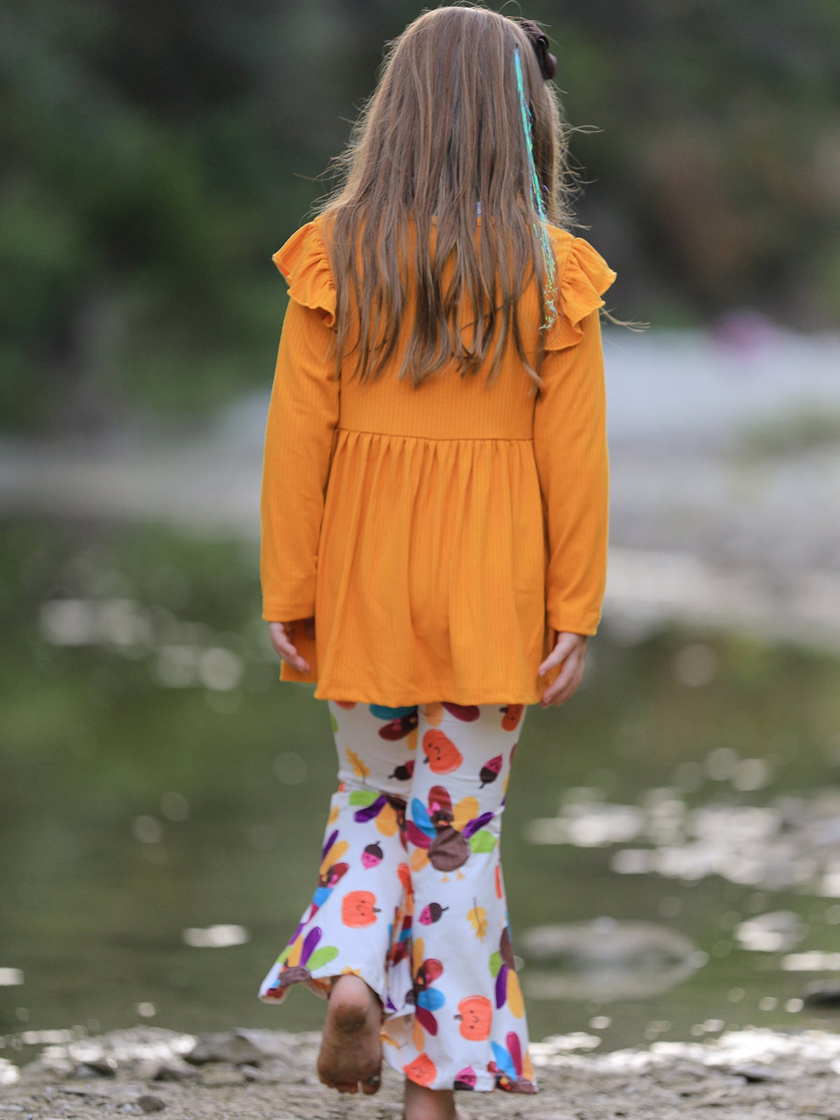 Girl's Fall & Thanksgiving Pumpkin Turkey Print Long Sleeve Set Outfit
