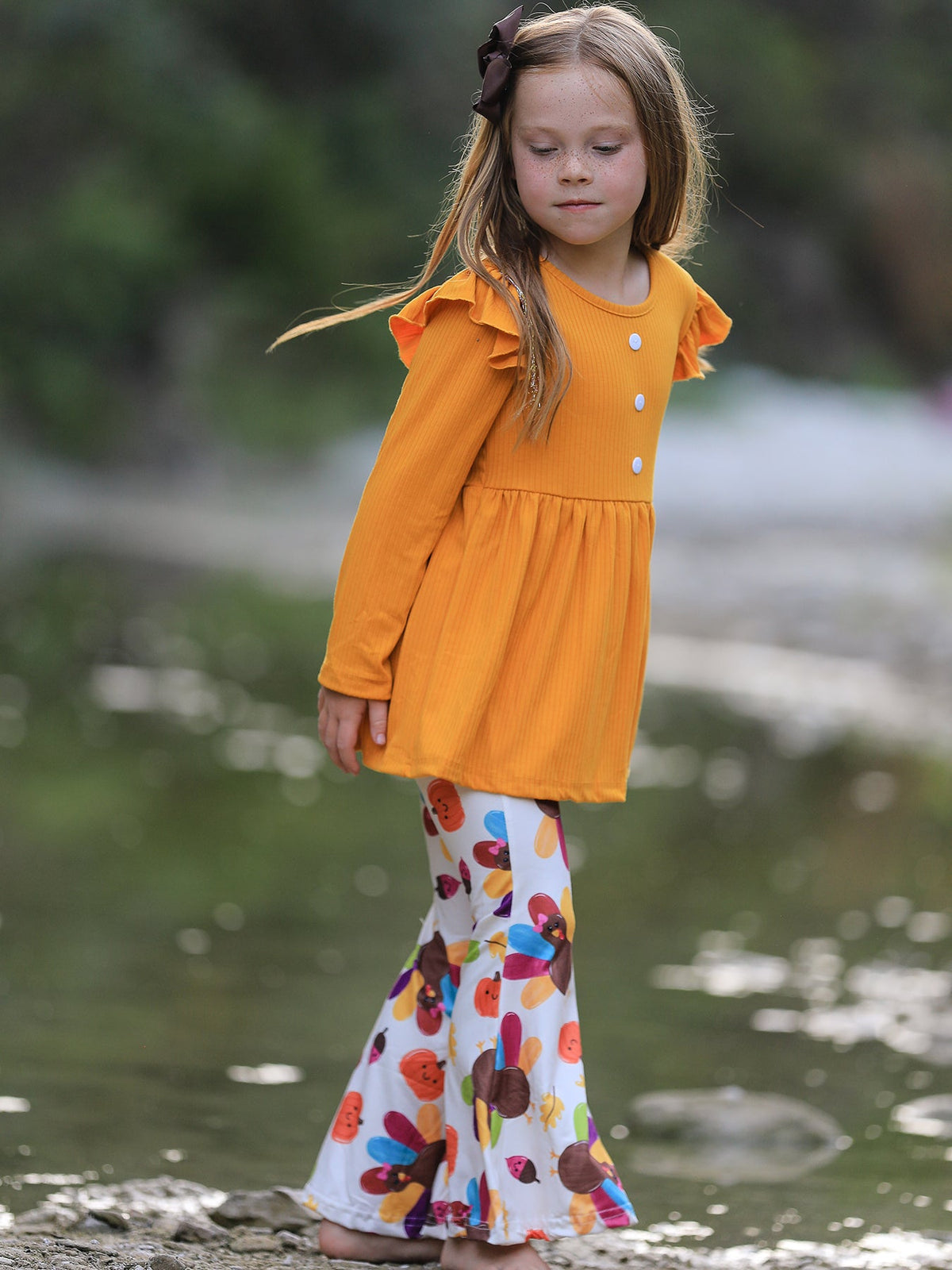 Girl's Fall & Thanksgiving Pumpkin Turkey Print Long Sleeve Set Outfit