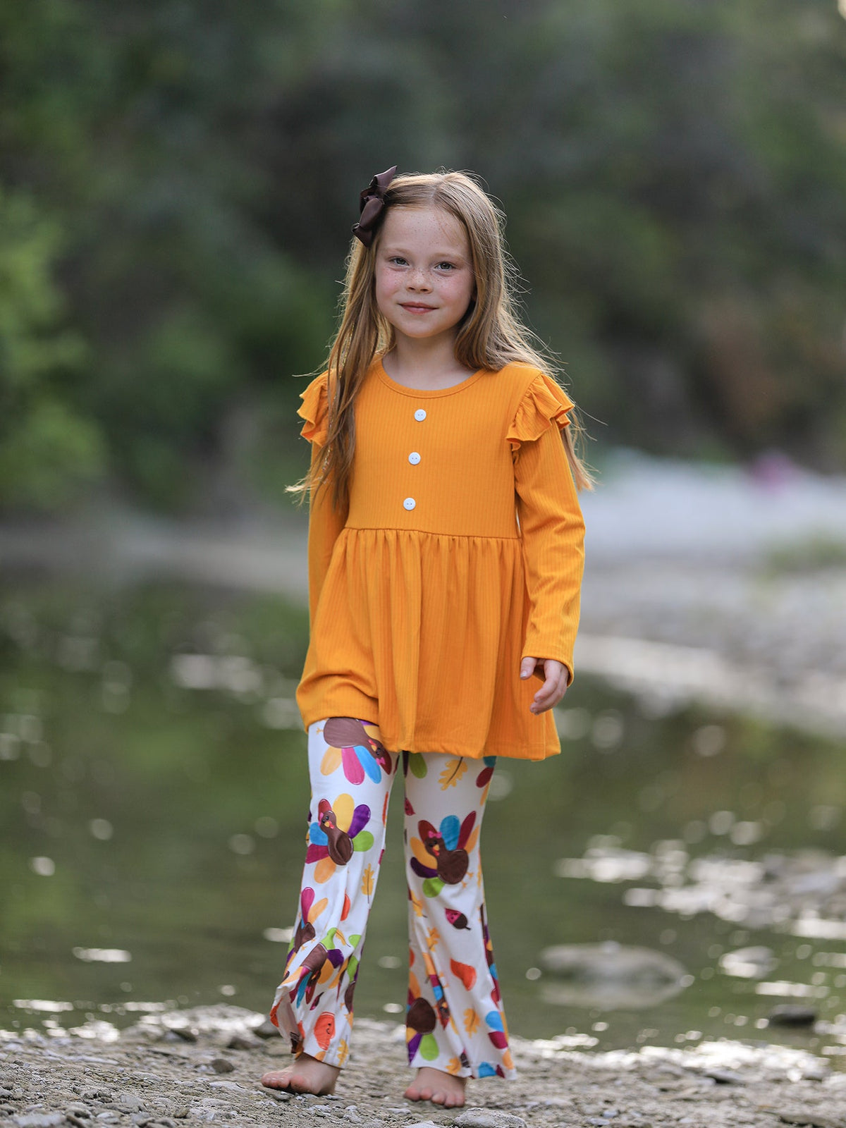 Girl's Fall & Thanksgiving Pumpkin Turkey Print Long Sleeve Set Outfit