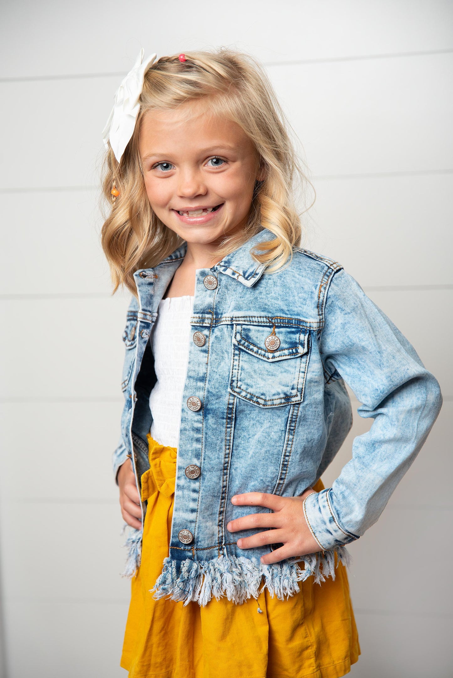 Girls Light Wash Distressed Denim Jacket with Fringe Hem – Western Cowgirl Style