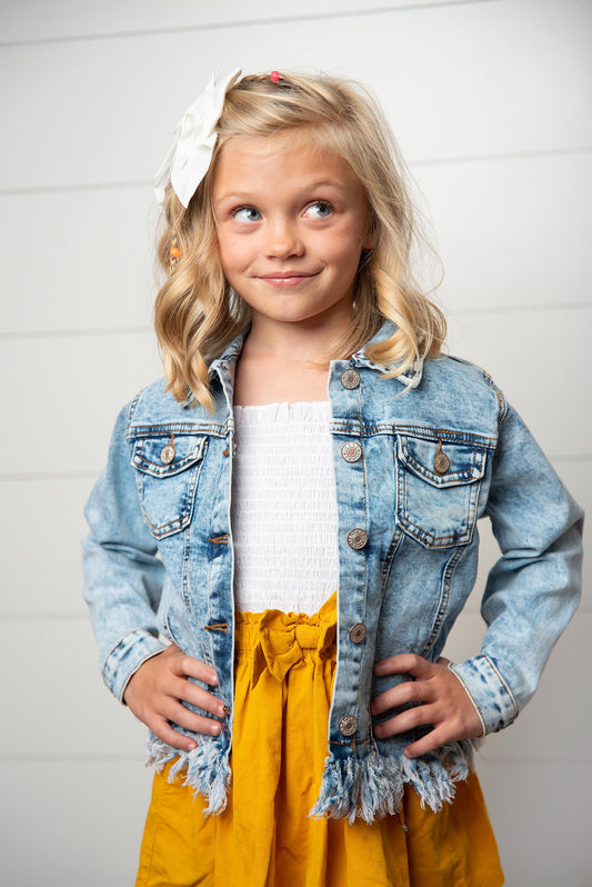 Girls Light Wash Distressed Denim Jacket with Fringe Hem – Western Cowgirl Style